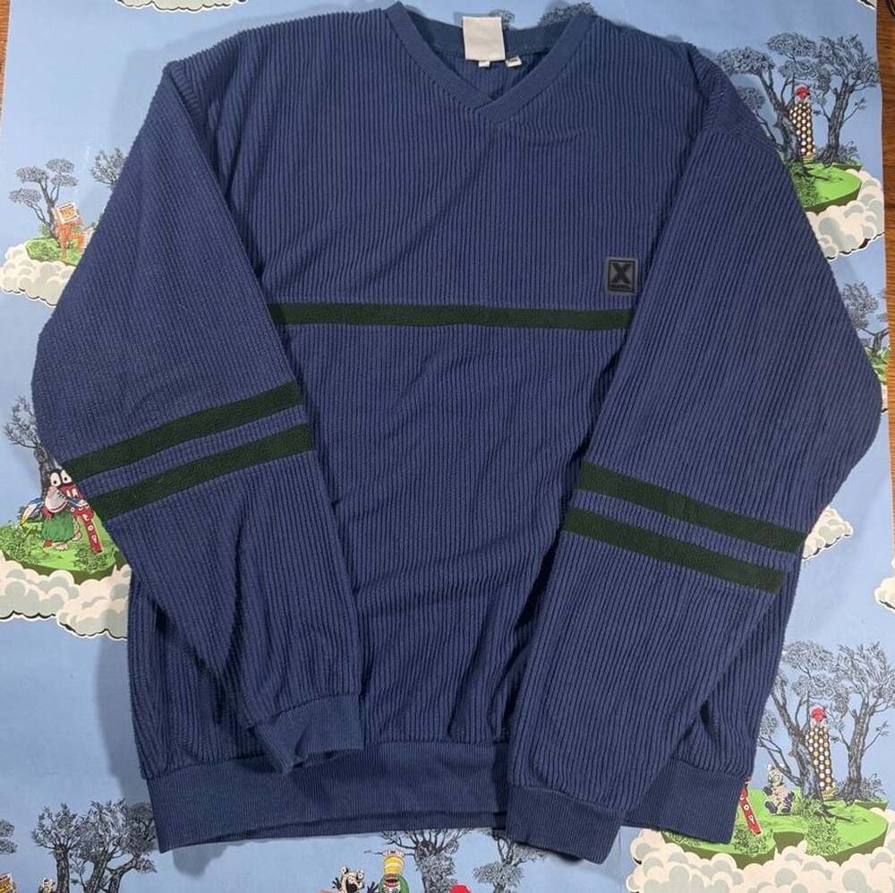 X-Girl Blue Ribbed V-Neck Pullover Sweater with Green Stripes Size M